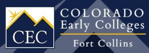 Logo for Colorado Early Colleges, Fort Collins. Showcases a stylized mountain design with "CEC" on the left and the school name on the right, set against a blue background. Celebrated in numerous testimonials for its iconic look.